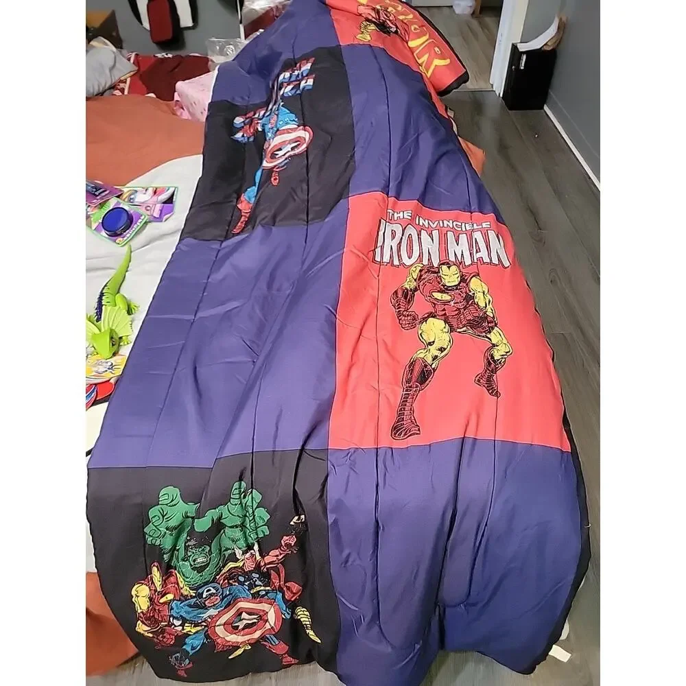 Vtg 90's Marvel Hulk Spiderman Thor Iron Man Comforter Bedding Blanket 71 x 86